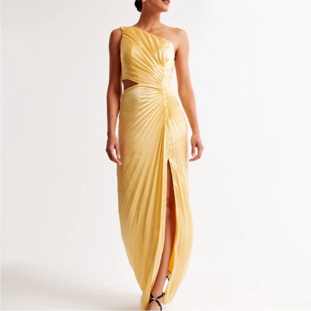 Abercrombie & Fitch Giselle Pleated One Shoulder Cutout Maxi Dress Yellow Petite